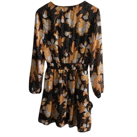 Daniel Rainn M Floral Long Sleeve Mini Dress Black Gold Boho Sheer Whimseygoth - Picture 2 of 8